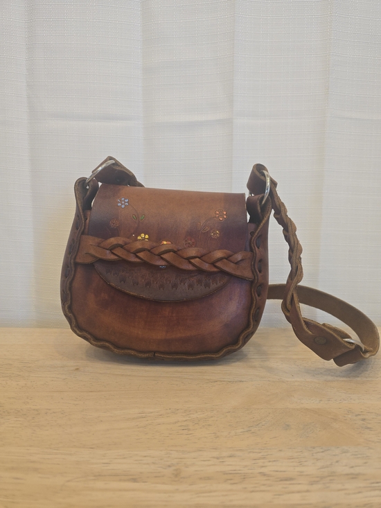 Handmade Handbags - Vintage 70s Brown Leather Braided Crossbody Bag - Women